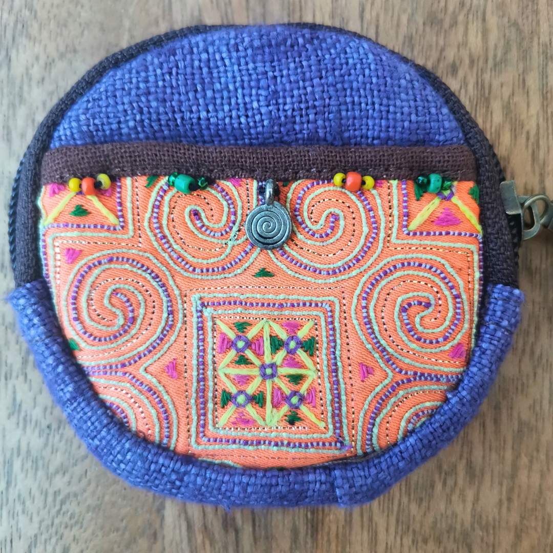 モン族刺繍 ヘンプコインケース(丸)