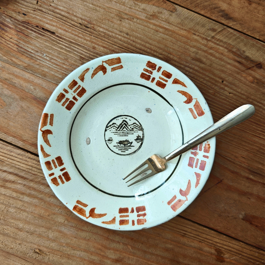 ベトナムヴィンテージ　ソンべ焼き　ライティウ焼き　中皿　茶ステンシル　人気のスタンプ柄