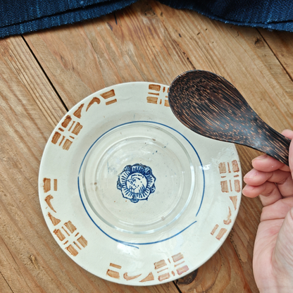 ベトナムヴィンテージ　ソンべ焼き　ライティウ焼き　中皿　茶ステンシル　人気のスタンプ柄