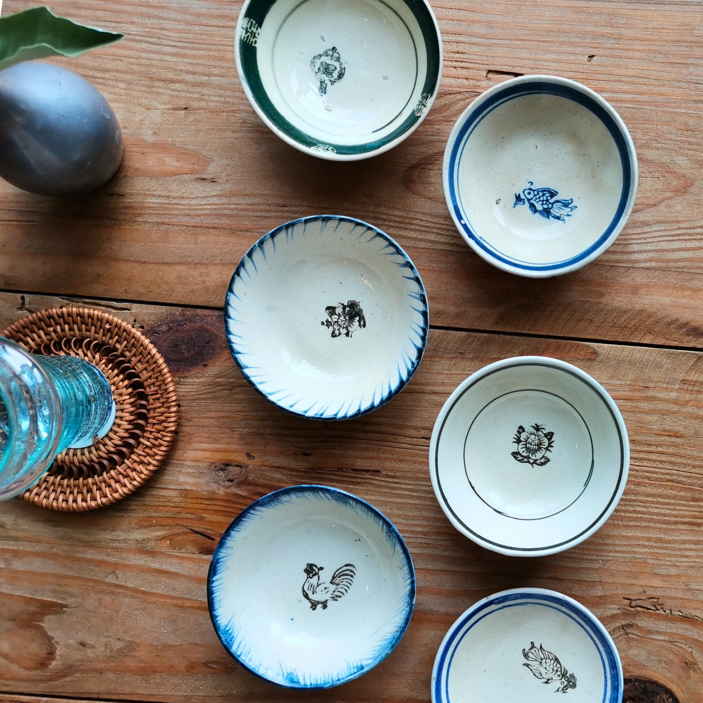 ベトナムヴィンテージ　ソンべ焼き　ライティウ焼き　花柄　グリーン　豆鉢B